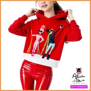 Alice + Olivia Oscar Red Embellished Stace Face Pullover Hoodie Sweater Top